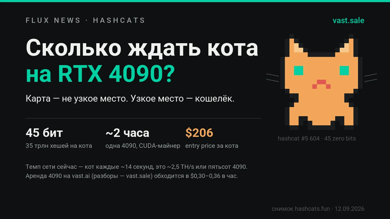 Снимок hashcats.fun от 12.09.2026: 45 бит, 35 трлн хешей на кота, около двух часов на одной 4090